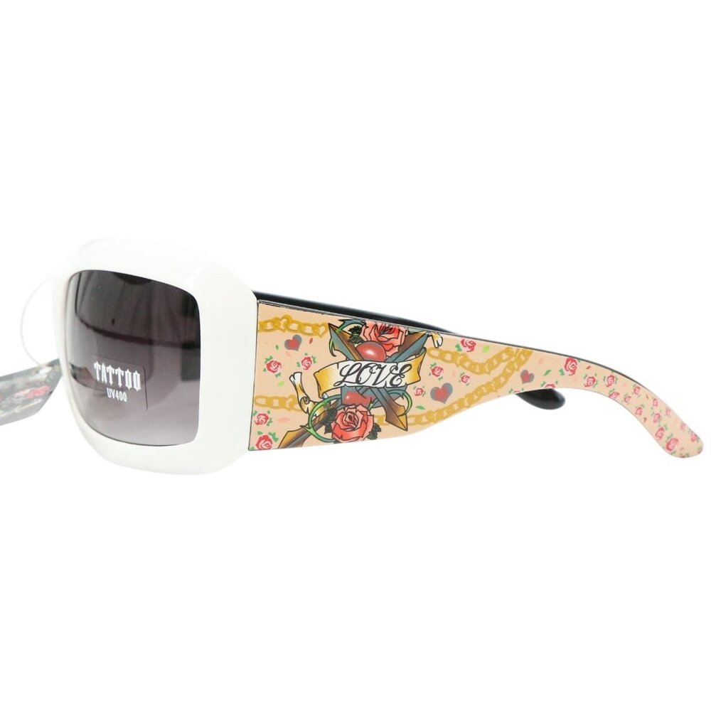 NWT Tattoo White Pink Love Roses Cross Tatted UV400 Sunglasses